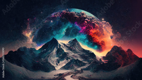 A space fantasy mountain landscape on black for digital wallpaper, background, generative ai
