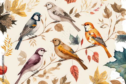 Fall Birds A seamless pattern with a watercolor painting of multicolored birds on a beige backdrop features colorful birds. Generative AI © AkuAku