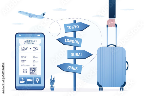Mobile phone with online air ticket. Various pointers with travel routes. Passenger hand with baggage. Airplane take off, starting vacation, holiday. Travel banner, template.