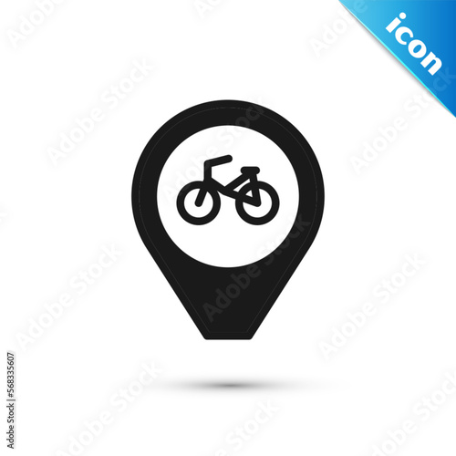 Grey Map pointer with bicycle icon isolated on white background. Vector