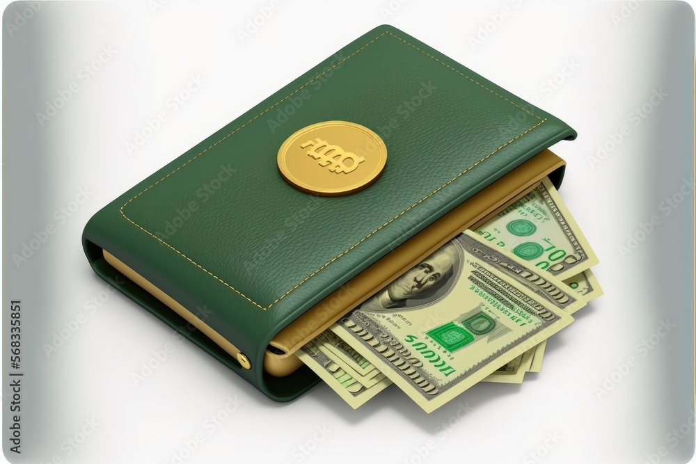 stylized Money wallet with green cash and coins, a generative ai Online payment concept. stylized Money wallet with green cash and coins, a generative ai Online payment concept.