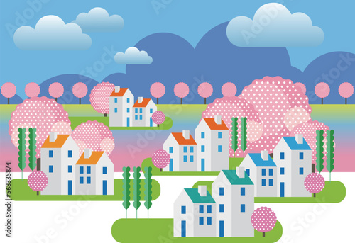 桜咲く春の美しい街並みと暮らしの風景。人々が明るく暮らせる自然と住宅が溶け込む街づくり。