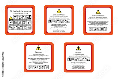 Sicherheitsetiketten mit Icons für Kerzen. Vektor