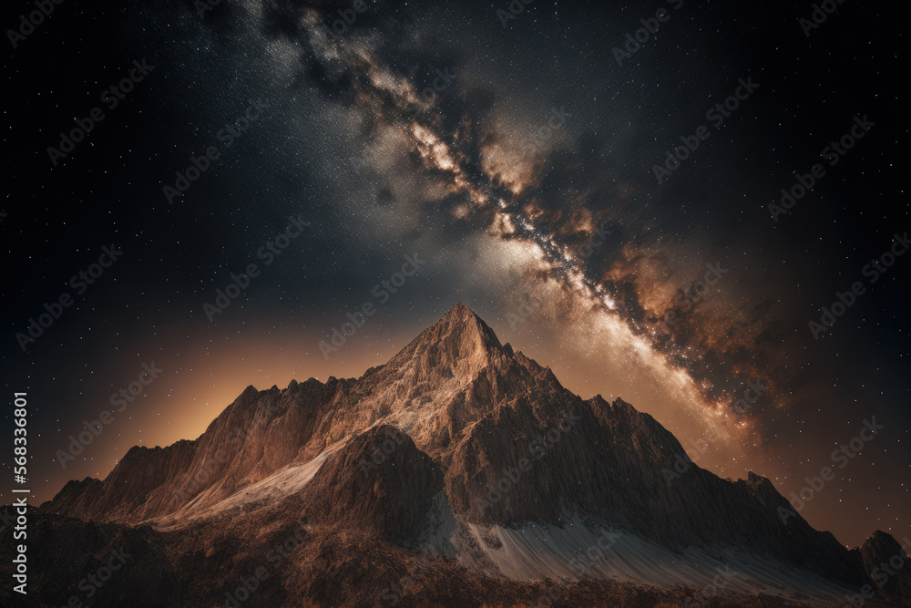 Low angle photograph shows a mountainous landscape illuminated by the stars. Generative AI
