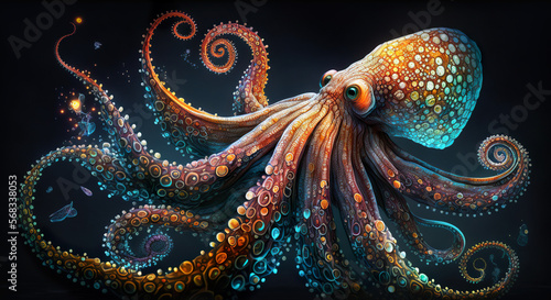 A large colorful octopus searches for food on the sea floor. AI generated image.
