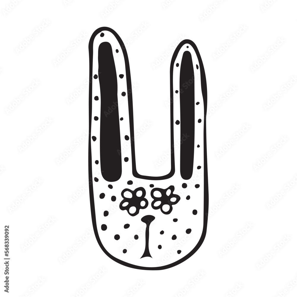 Black and white muzzle of a rabbit. Abstract cartoon hare isolated on white background. Black and white muzzle of a rabbit. Abstract cartoon hare isolated on white background.