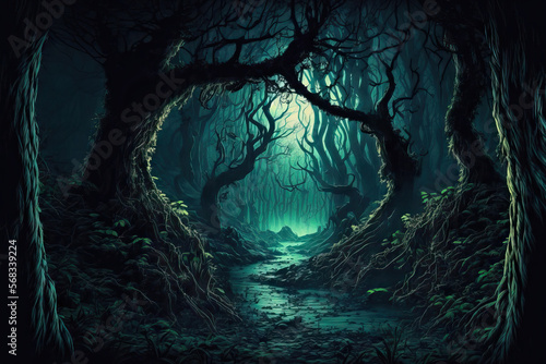 a fantasy scene with a dark forest panorama. Generative AI