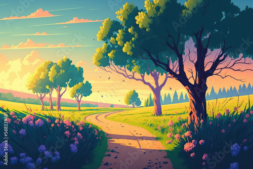 Serene summer rural landscape with green trees and country dirt road at sunrise in spring. Beautiful morning nature scene with blooming trees and plants at sunny springtime morning. Generative AI