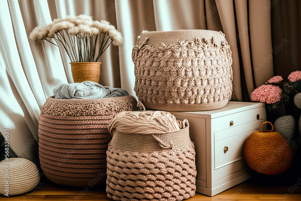 a wooden table with beige knitted baskets. Handmade. Jute based knitted  pots that are round. Make
