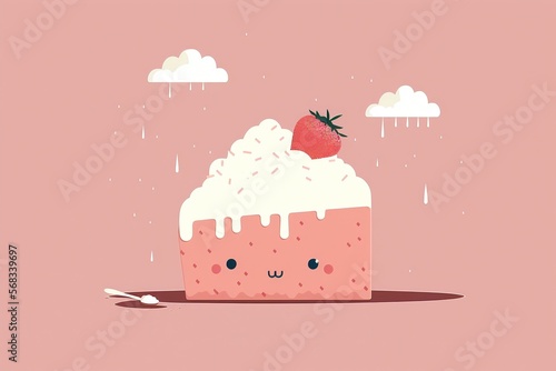 Canvas-taulu minimalist 2D illustration of a fluffy pink strawberry shortcake | soft pop | ge