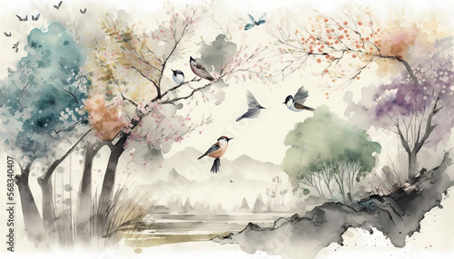 Beautiful Pastel Digital Watercolor Paintings, Colorful, High Quality, Trees, Landscapes, Peaceful Scenic Birds and Wildlife, Colorful Vistas, Watercolor Background and Wallpaper