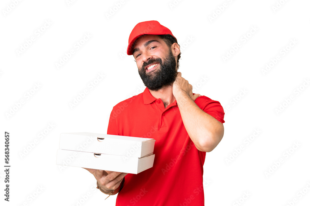 Pizza delivery man with work uniform picking up pizza boxes over isolated chroma key background laughing Pizza delivery man with work uniform picking up pizza boxes over isolated chroma key background laughing