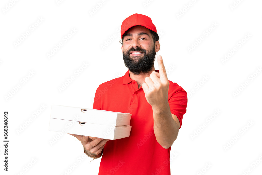 Pizza delivery man with work uniform picking up pizza boxes over isolated chroma key background doing coming gesture Pizza delivery man with work uniform picking up pizza boxes over isolated chroma key background doing coming gesture