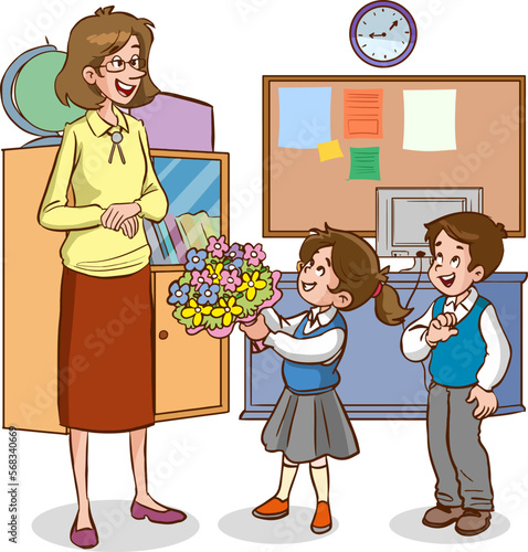 cute little schoolkids giving flowers to her teacher