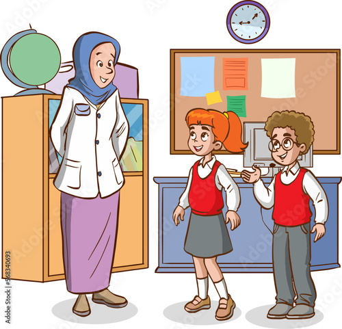 teacher and students are studying in the classroom cartoon vector