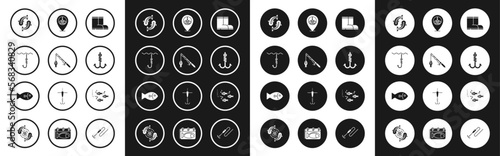 Set Fishing boots, rod and fish, hook under water, Location fishing, with and icon. Vector