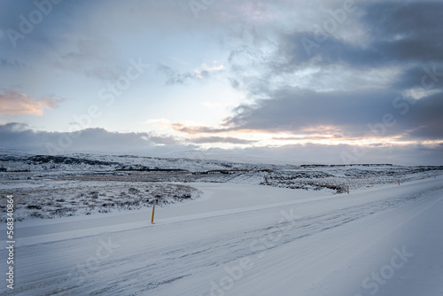 Iceland winter road mountain landscape with sunset © Simon Schmitt