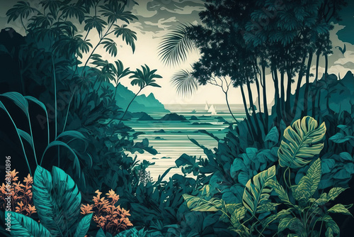 Wallpaper with trees and tropical foliage . Generative AI