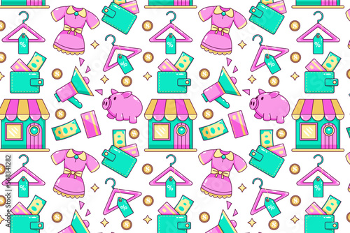 Shopping patterns. Jewelry, clothes, shoes, trucks, packages, piggy banks, wallets, and stores