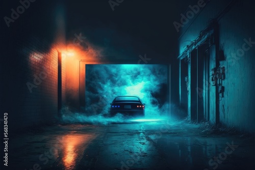 an empty dark scene of a smokey dark empty street alley in the light of neon and spotlights with smoke float up generative ai illustration