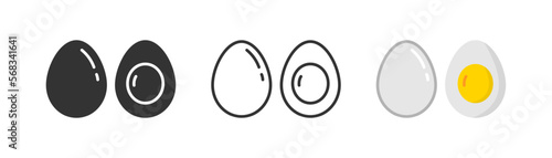 Half boiled egg icon on light background. Breakfast symbol. Hard boiled sliced egg sign. Outline, flat, and colored style. Flat design. Vector illustration.
