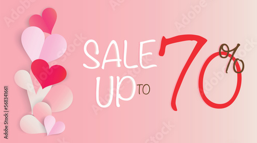 Valentine's day heart shape. Paper heart. Promotional banner. Sale up to 70% off. Vector banner