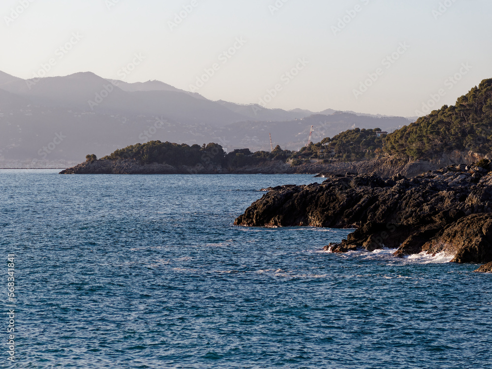 Cliffs and Mediterranean Sea at summer. Gulf of La Spezia or Gulf of Poets, Tellaro village, Lerici municipality, Liguria, Italy, Europe.