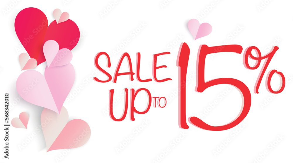 Valentine's day heart shape. Paper heart. Promotional banner. Sale up to 15% off. Vector banner.