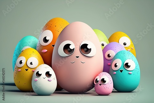 Easter egg character. Group of colorful eggs cartoon characters. AI.