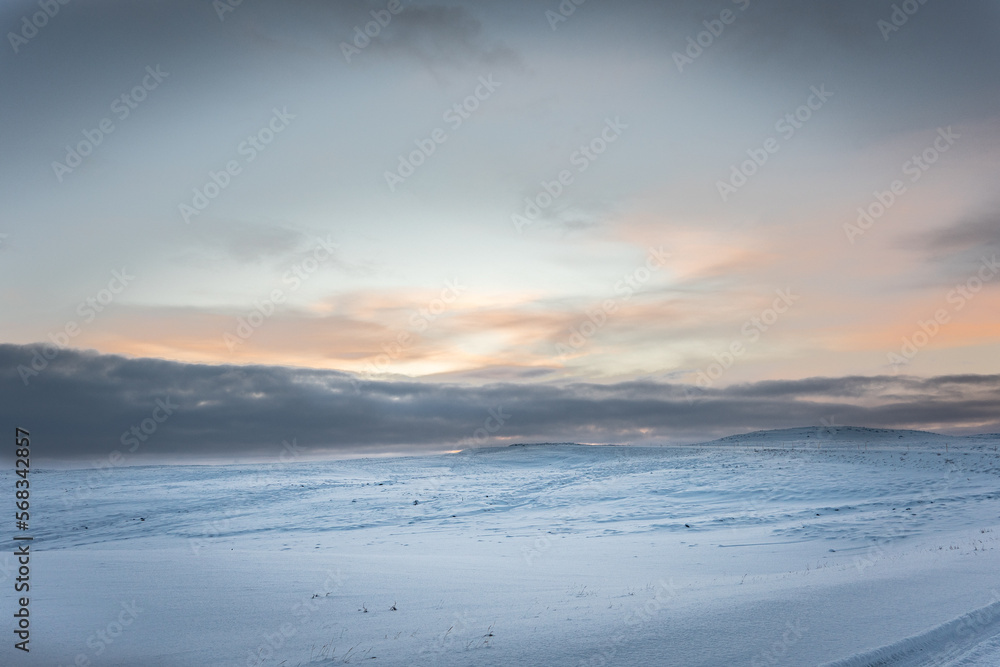Iceland,  Norðurþing, Panorama winter sunrise