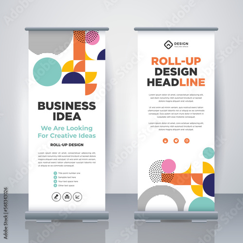 Geometric Business Roll Up. Standee Design. Banner Template. Presentation and Brochure. Geometric x-banner and flag-banner advertising. Vector illustration.