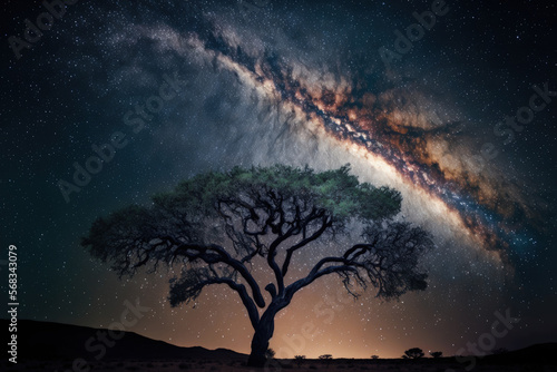 Shot of a tree in the vertical position with the magnificent Milky Way galaxy in the backdrop. Generative AI