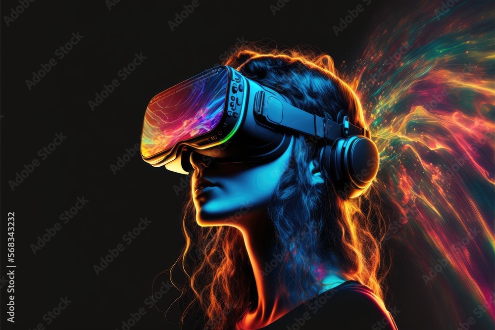 girl using glasses of virtual reality on dark background. VR headset generative ai virtual reality metaverse illustration girl using glasses of virtual reality on dark background. VR headset generative ai virtual reality metaverse illustration