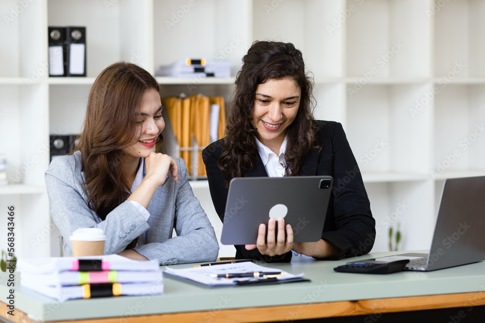 Businesswoman meetings team, Two business presentations to new projects, Consultations of business people working in meeting room, Brainstorming together to get ideas concept.