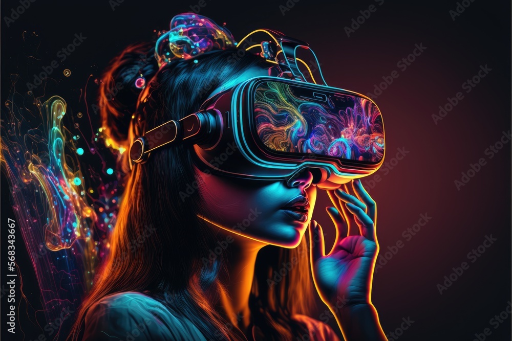 girl using glasses of virtual reality on dark background. VR headset generative ai virtual reality metaverse illustration girl using glasses of virtual reality on dark background. VR headset generative ai virtual reality metaverse illustration