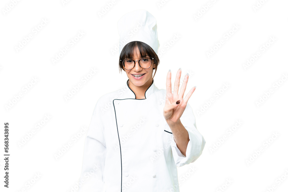 Young caucasian chef woman over isolated chroma key background happy and counting four with fingers Young caucasian chef woman over isolated chroma key background happy and counting four with fingers