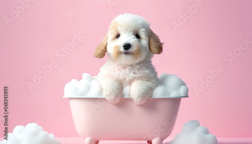 Canvastavla Cute puppy dog in bathtub , pets cleaning , Generative Ai