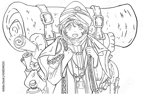 A cute anime girl traveler, she is a dwarf dwarf or a halfling with a huge unaffordable bag on her back on which every camping equipment is attached, she is dressed like a merchant. 2d linear art