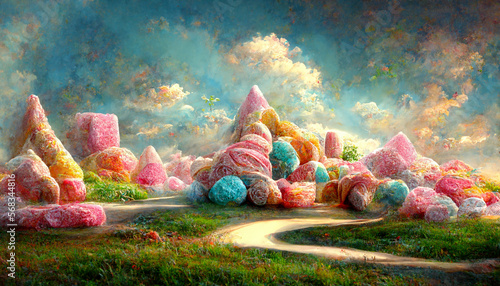 A colorful pastel land of delicious, tasty sweets and candies. Sugar wool, pink and blue marshmallow illustration 3d design from dreams. Generative Ai
