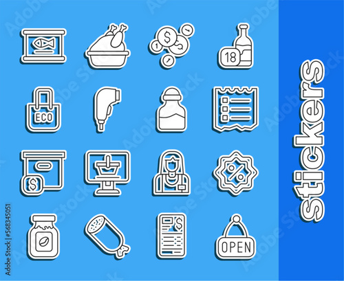 Set line Hanging sign with Open, Discount percent tag, Shopping list, Coin money dollar, Scanner scanning bar code, bag recycle, Canned fish and Spice icon. Vector