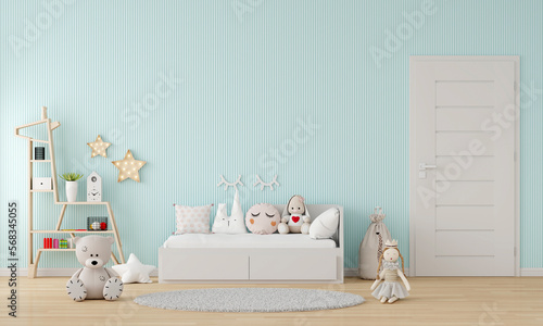 Blue child bedroom interior with copy space, 3D rendering