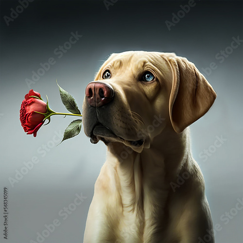 Dog holding rose flower in mouth as a gift for Valentine s Day 