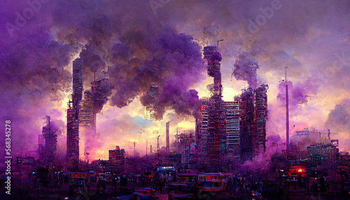 Wonderful 3D art  Dystopic cyberpunk city with smoke and purple sky. Generative Ai