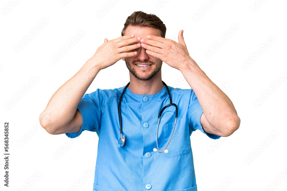 Young nurse man over isolated chroma key background covering eyes by hands Young nurse man over isolated chroma key background covering eyes by hands