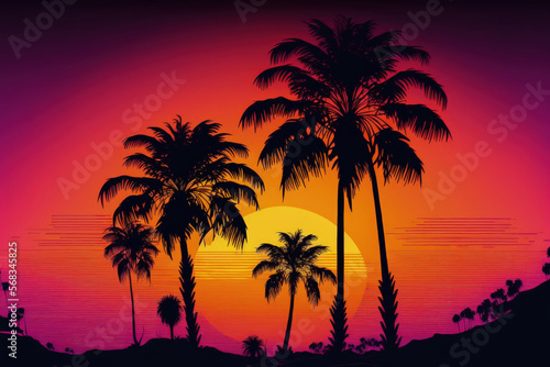 Palm palms can be seen against a stunning sunset. Generative AI © AkuAku