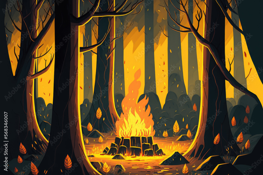burning woods with yellow bright flames. Generative AI