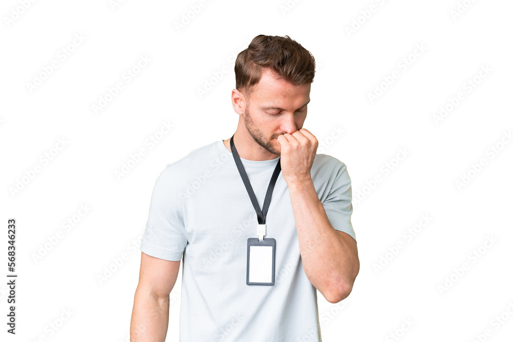 Young caucasian man with ID card over isolated chroma key background having doubts Young caucasian man with ID card over isolated chroma key background having doubts