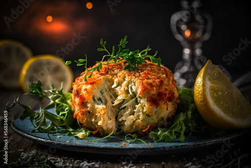 Crab cake with garnish, closeup