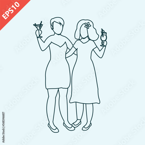Hand drawn girls holding wine glasses alcohol, Girl hen party design vector flat isolated illustration