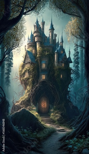 Dark castle in the forest. Fantasy landscape scene. Generative ai. 